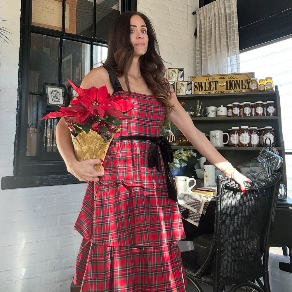 SUGARLIPS ELEGANCE DEFINED 100% COTTON RED PLAID TIERED MIDI DRESS - Picture 12 of 17